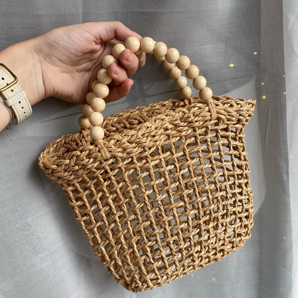 Beaded Handle Woven Tan Bag
